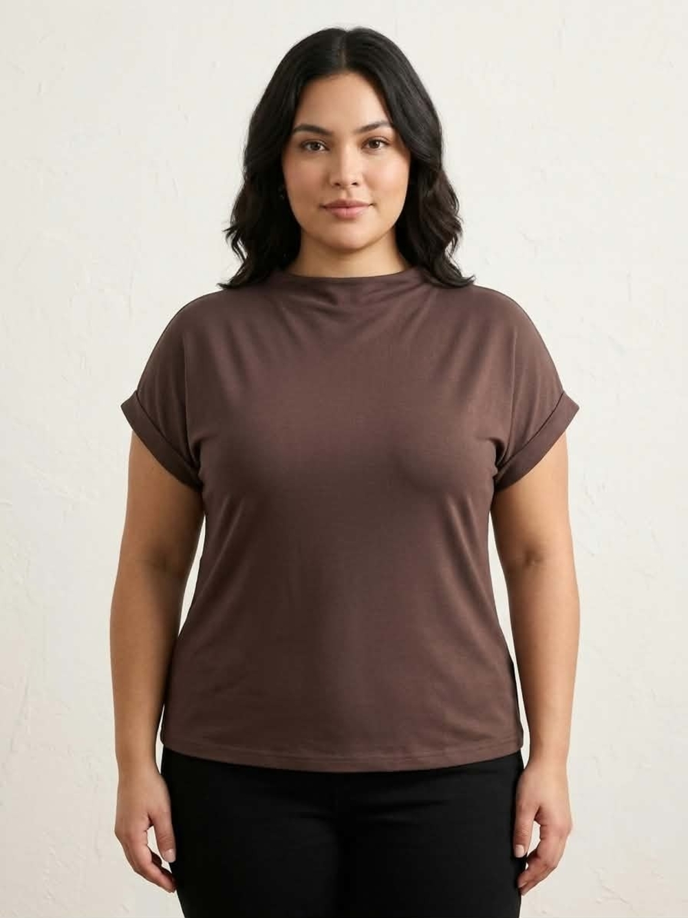 Brown Casual Short Sleeve Cuffed Tee T-Shirt Size L